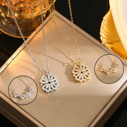 LovaCharm™ 4-in-1 Magnetic Heart & Clover Necklace – Love, Luck, and a Touch of Magic