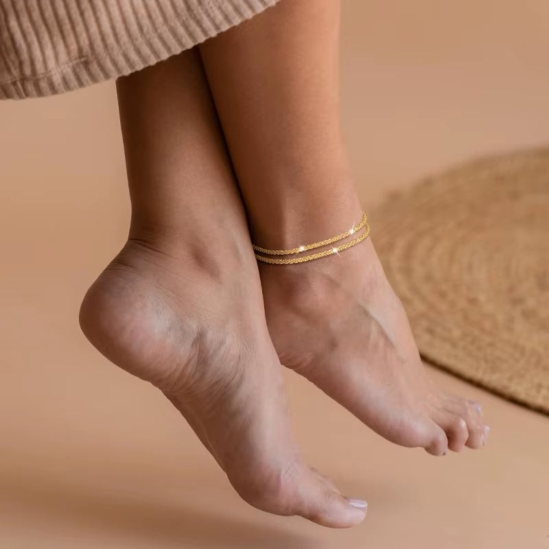 Ankle Bracelets for Women Girls Glitter Waterproof Adjustable 14K Gold Plated/Sterling Silver Layered Anklets Beach Foot Jewerly